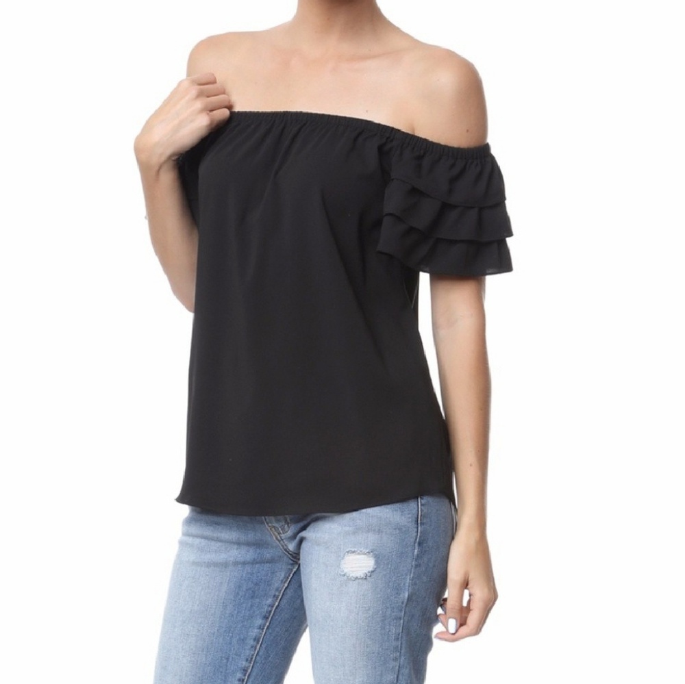 RUFFLE MY FEATHERS off the shoulder top BLACK